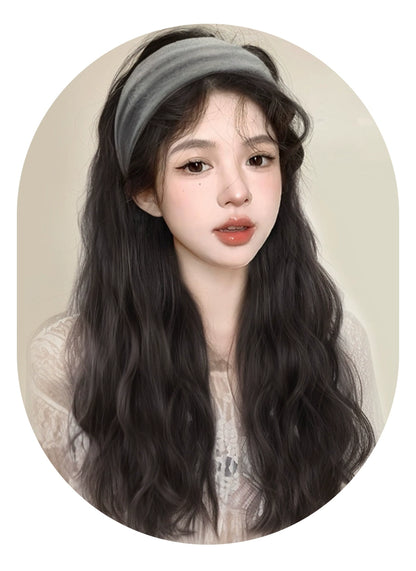 Hair Band Wig One Female Fall and Winter Long Curly Hair Detachable Half Full-Head Wig Female Real Human Hair Artificial Nature Long Straight Hair