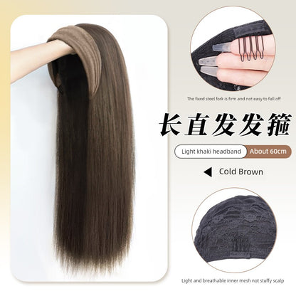 Hair Band Wig One Female Fall and Winter Long Curly Hair Detachable Half Full-Head Wig Female Real Human Hair Artificial Nature Long Straight Hair