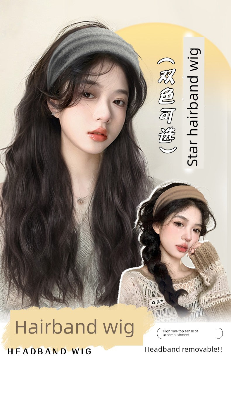 Hair Band Wig One Female Fall and Winter Long Curly Hair Detachable Half Full-Head Wig Female Real Human Hair Artificial Nature Long Straight Hair