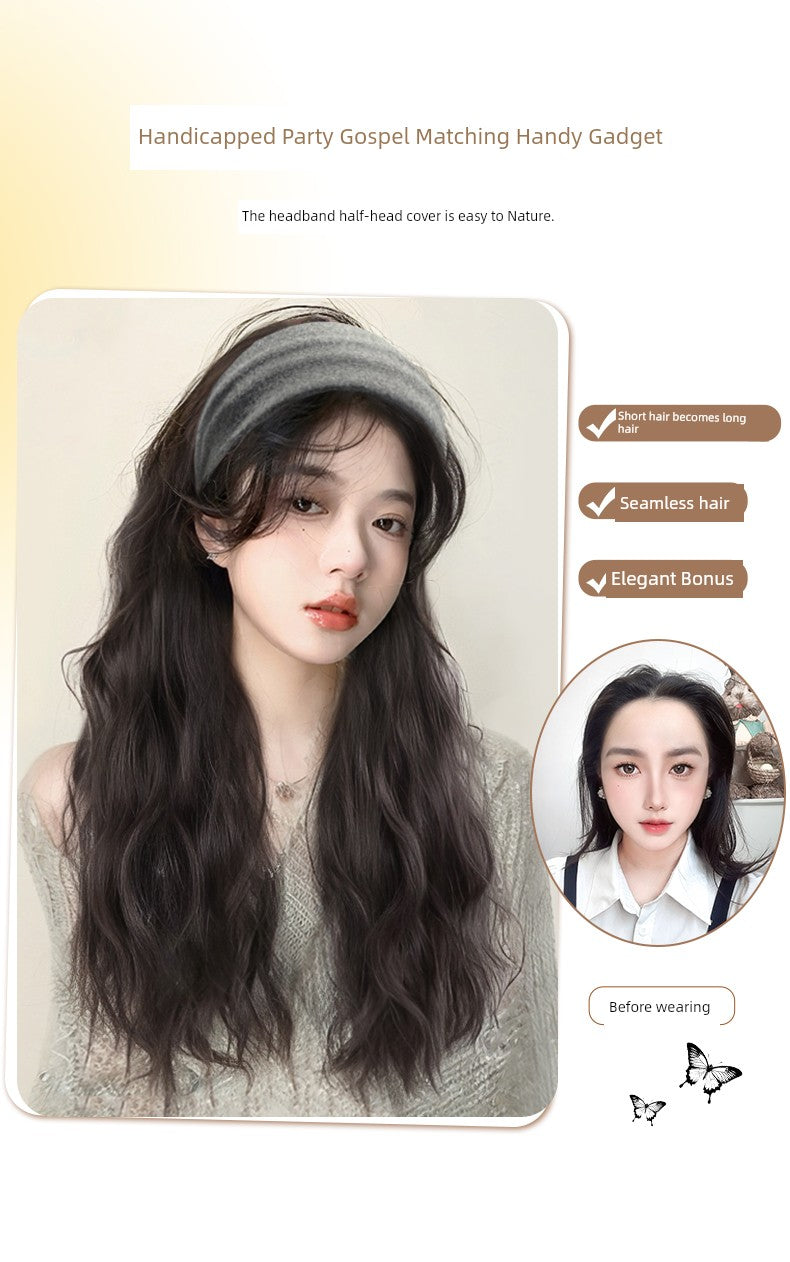 Hair Band Wig One Female Fall and Winter Long Curly Hair Detachable Half Full-Head Wig Female Real Human Hair Artificial Nature Long Straight Hair