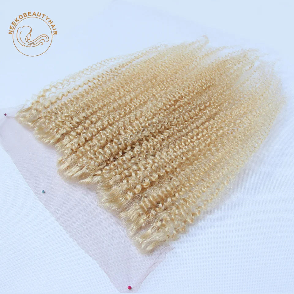 Blonde Human Hair Extension Bundles with Lace Frontal Brazilian Hair Weave with Frontal Kinky Curly Hair Color #613