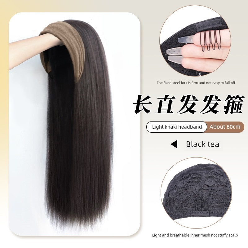 Hair Band Wig One Female Fall and Winter Long Curly Hair Detachable Half Full-Head Wig Female Real Human Hair Artificial Nature Long Straight Hair