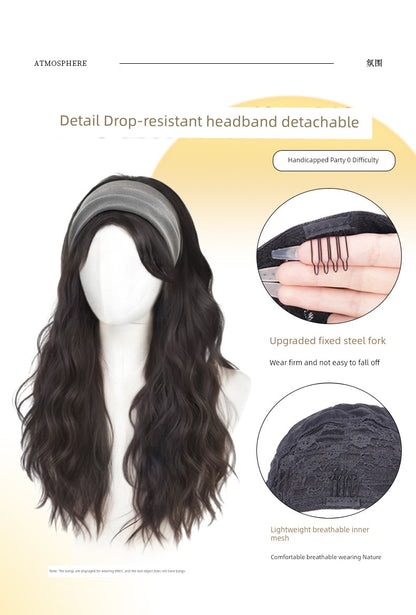 Hair Band Wig One Female Fall and Winter Long Curly Hair Detachable Half Full-Head Wig Female Real Human Hair Artificial Nature Long Straight Hair